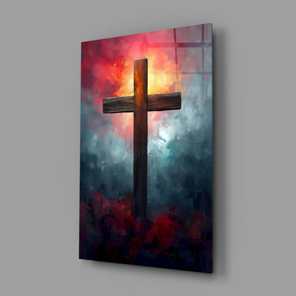 Dark Cross With Crimson Cloud Sunrise Glass Wall Art