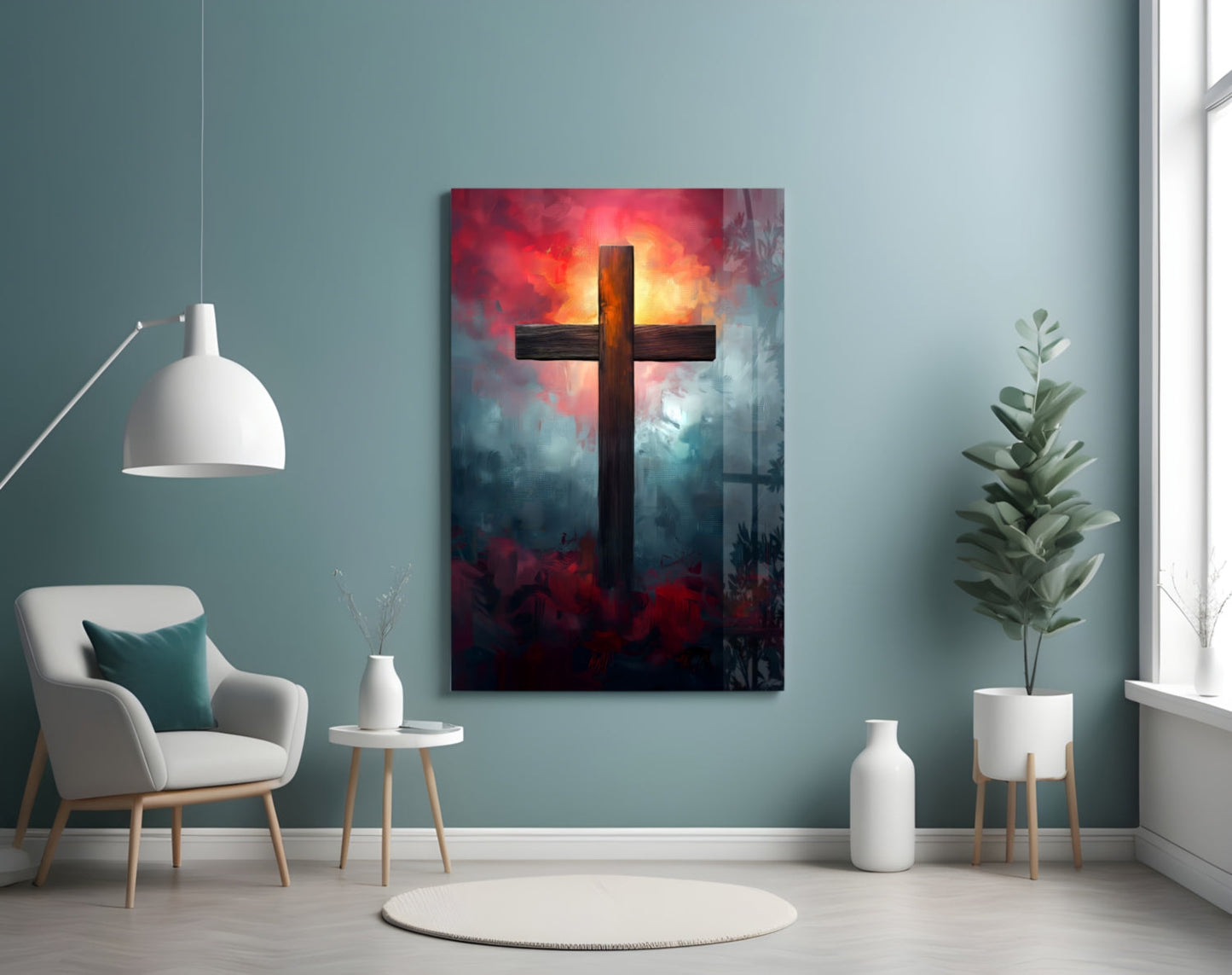Dark Cross With Crimson Cloud Sunrise Glass Wall Art