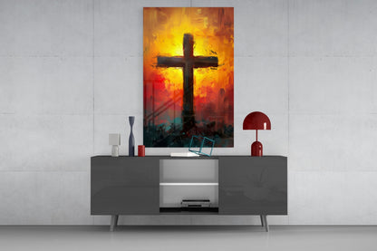 Fiery Orange And Teal Sunburst Cross Glass Wall Art