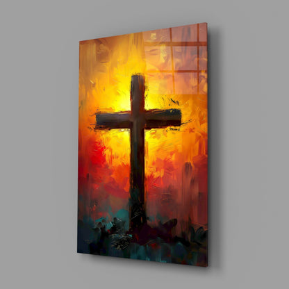 Fiery Orange And Teal Sunburst Cross Glass Wall Art
