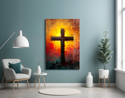 Fiery Orange And Teal Sunburst Cross Glass Wall Art