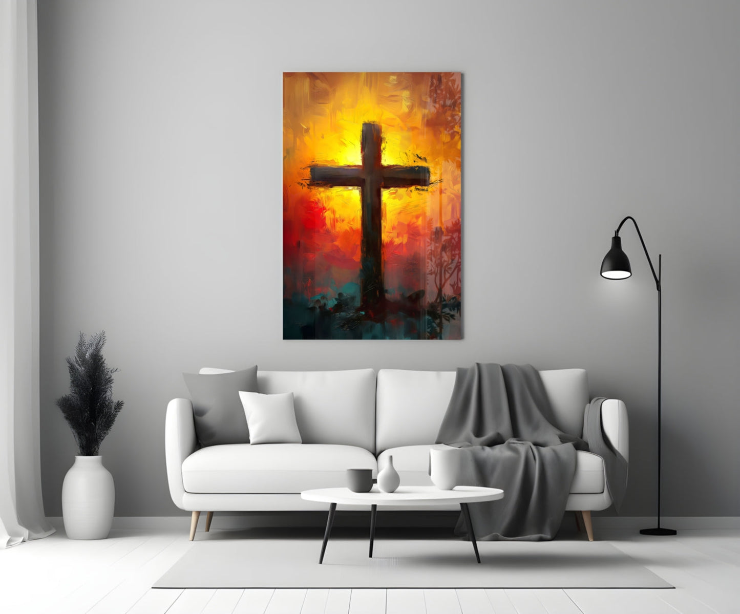 Fiery Orange And Teal Sunburst Cross Glass Wall Art