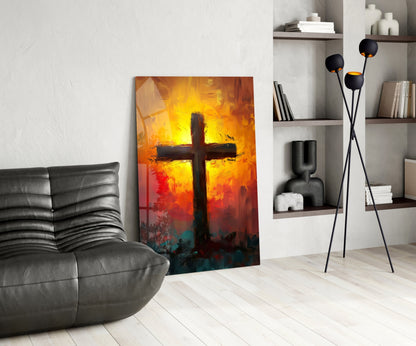 Fiery Orange And Teal Sunburst Cross Glass Wall Art