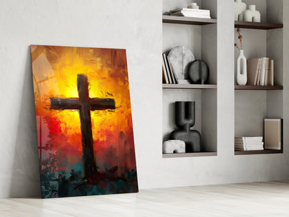 Fiery Orange And Teal Sunburst Cross Glass Wall Art