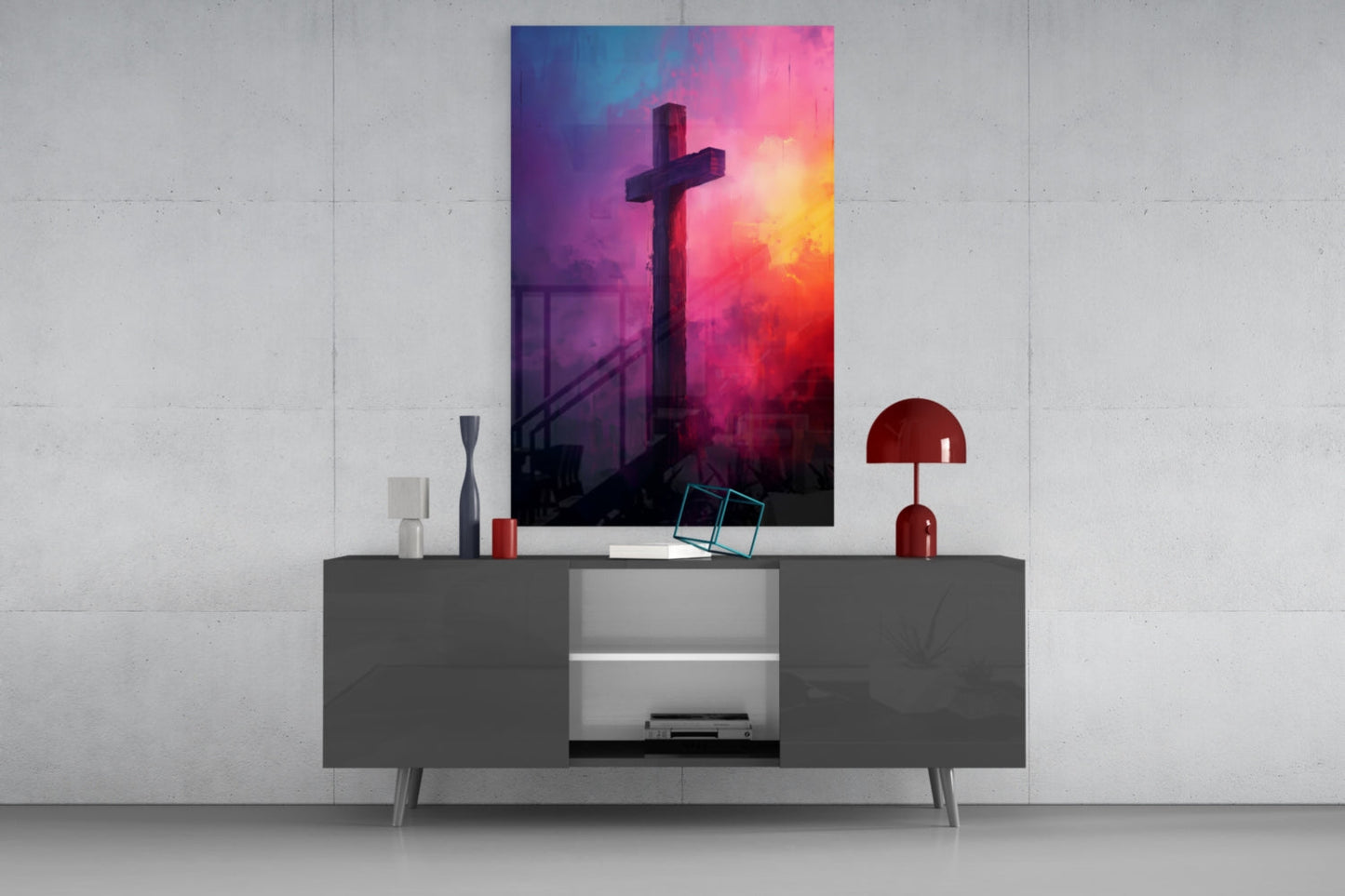 Magenta And Purple Cloud Cross Glass Wall Art