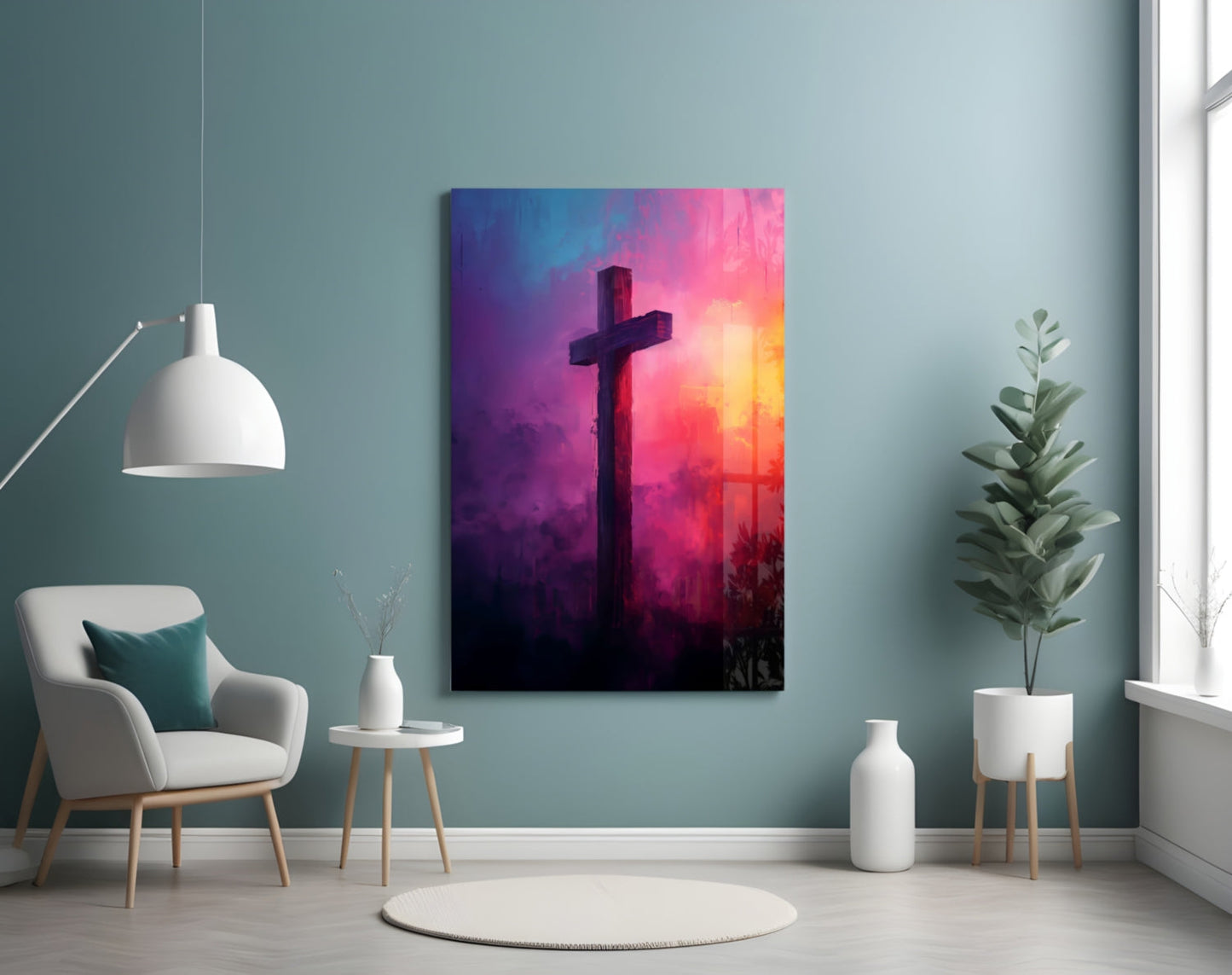 Magenta And Purple Cloud Cross Glass Wall Art