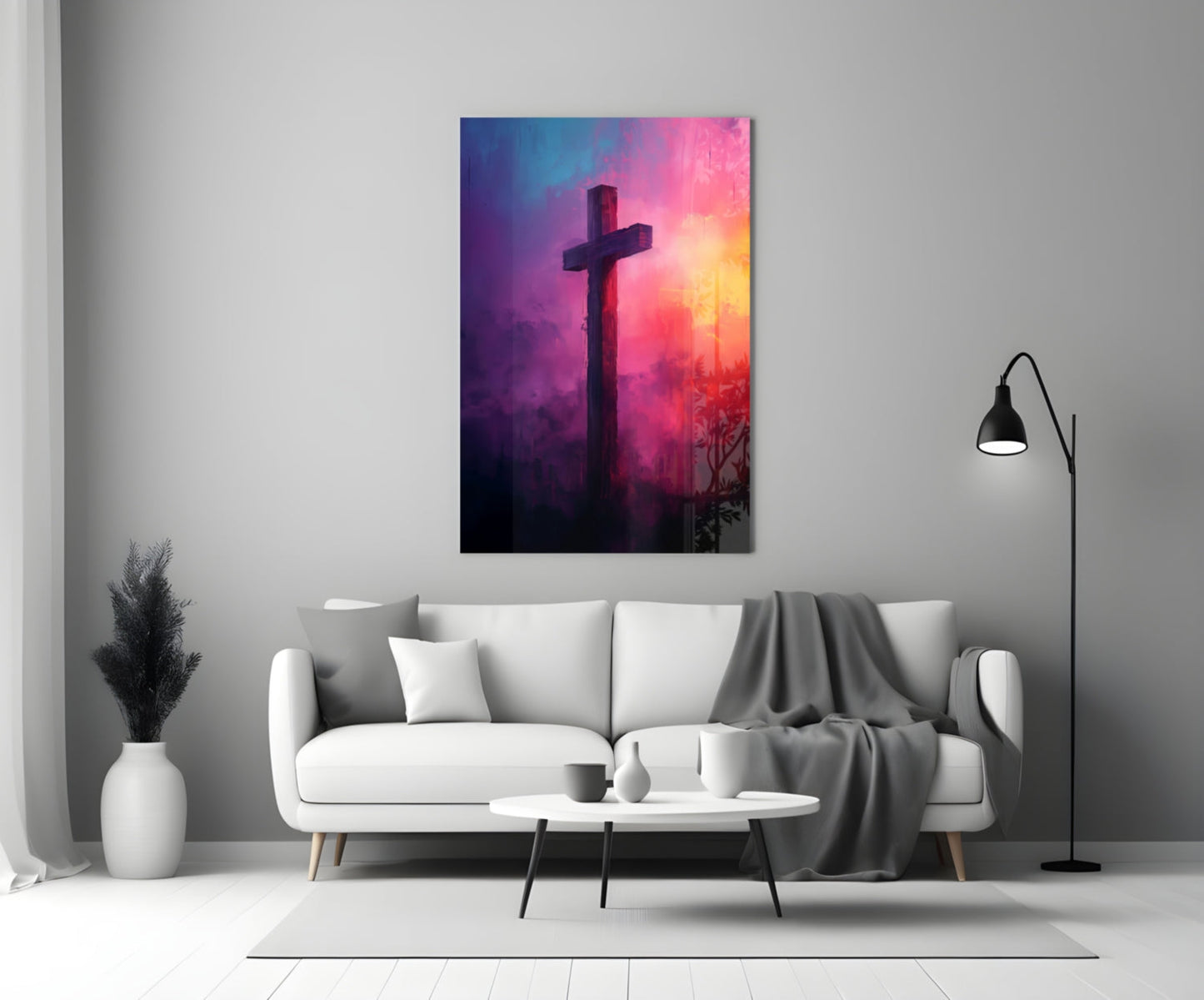 Magenta And Purple Cloud Cross Glass Wall Art