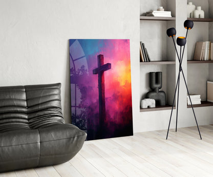 Magenta And Purple Cloud Cross Glass Wall Art