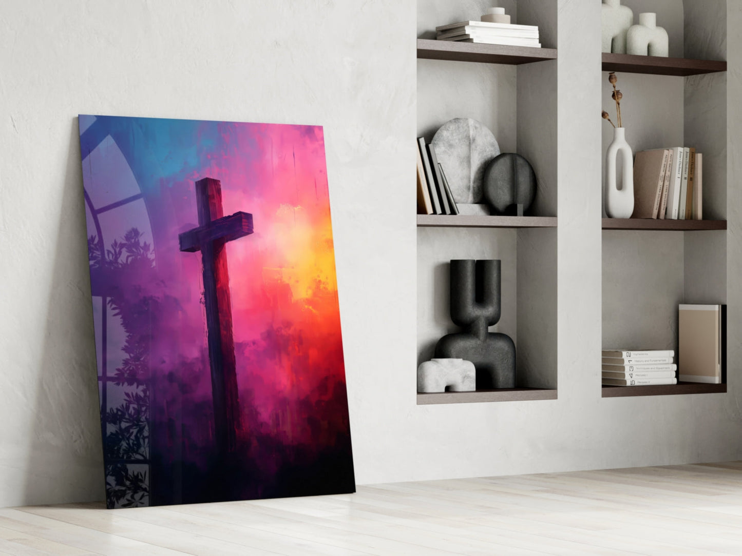 Magenta And Purple Cloud Cross Glass Wall Art