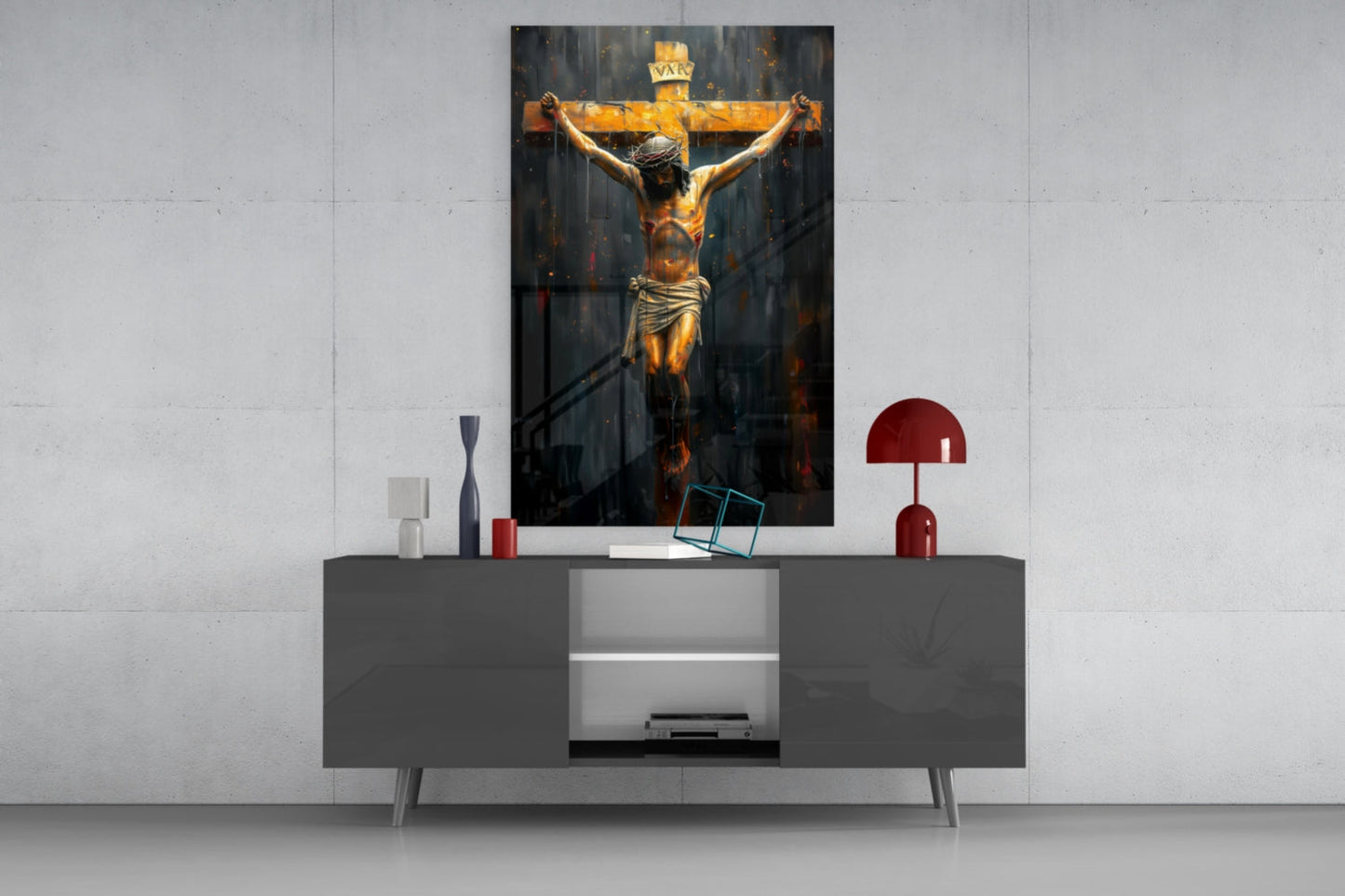 Golden Cross Crucifixion Dark Backdrop Glass Wall Art
