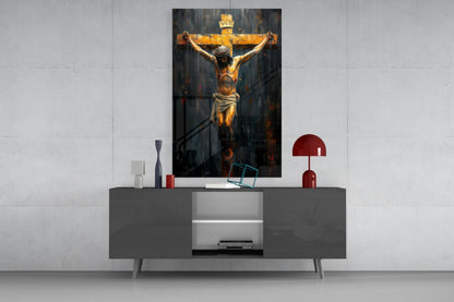 Golden Cross Crucifixion Dark Backdrop Glass Wall Art