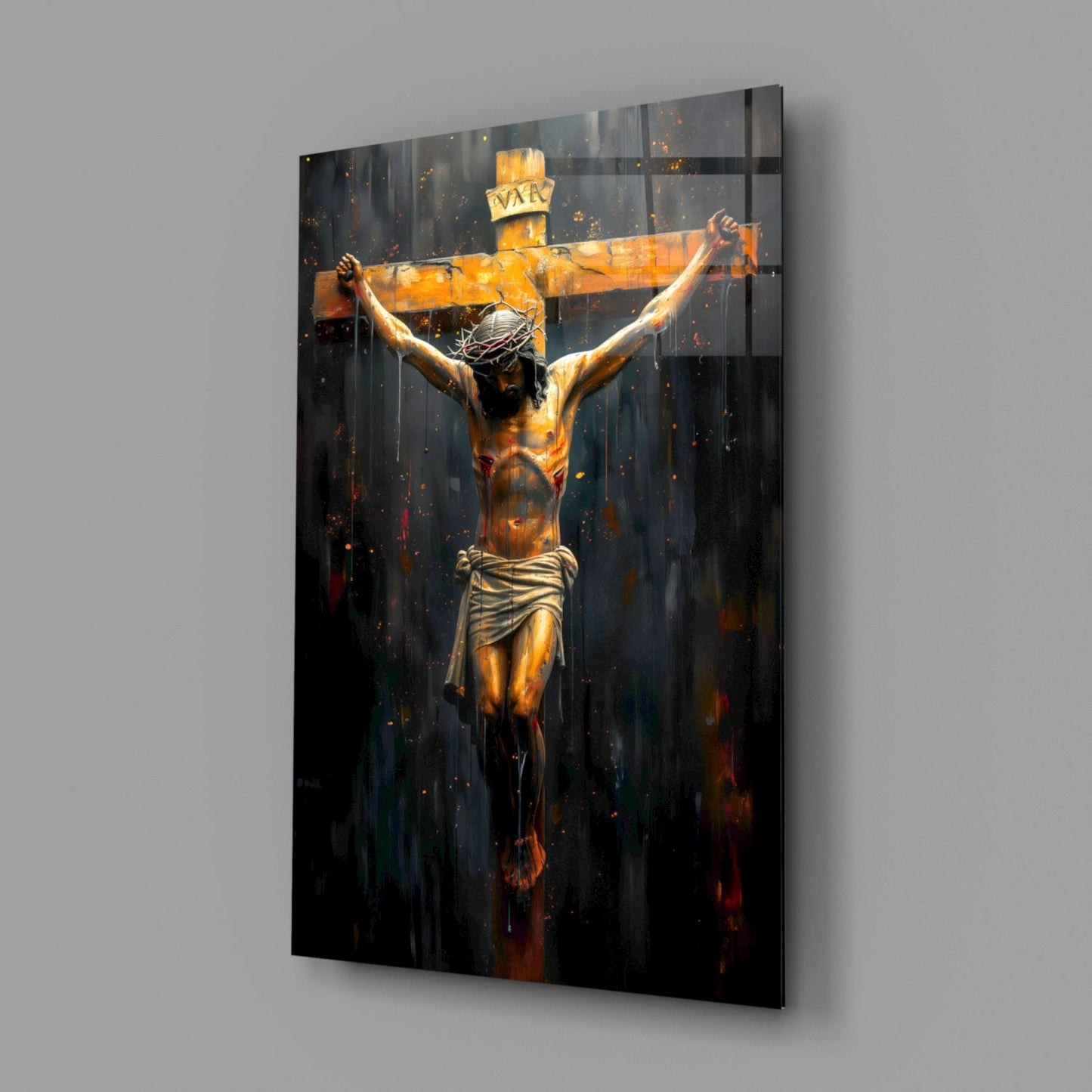 Golden Cross Crucifixion Dark Backdrop Glass Wall Art