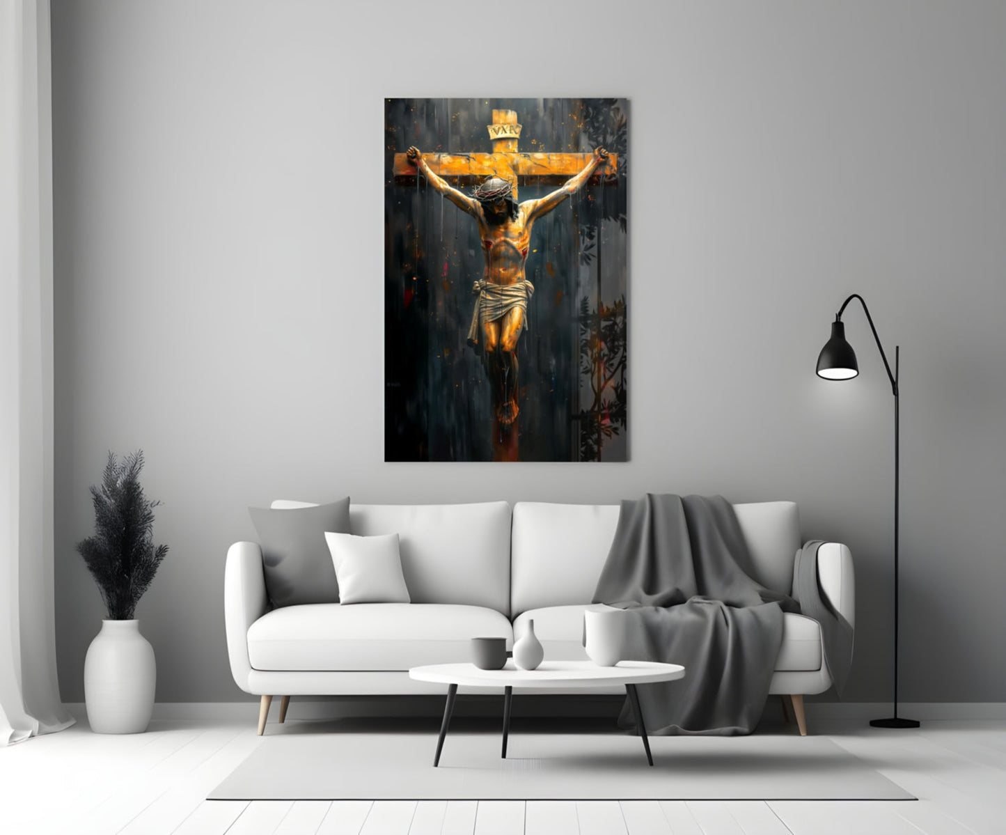 Golden Cross Crucifixion Dark Backdrop Glass Wall Art