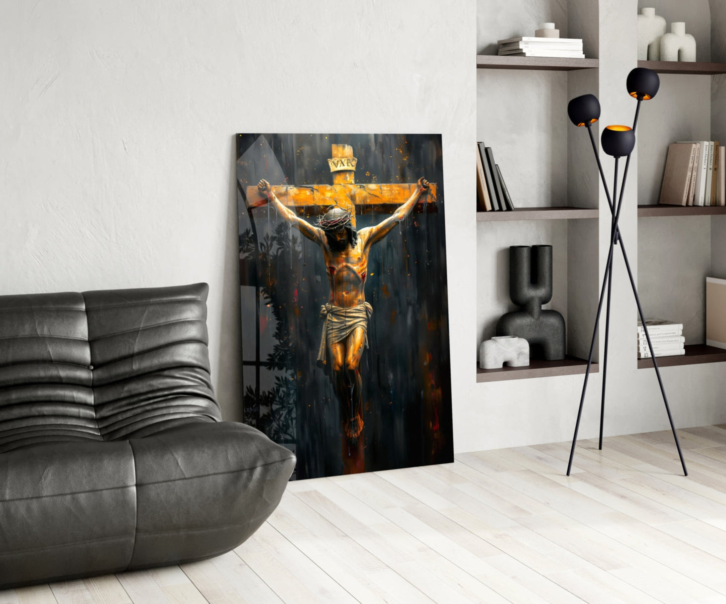 Golden Cross Crucifixion Dark Backdrop Glass Wall Art