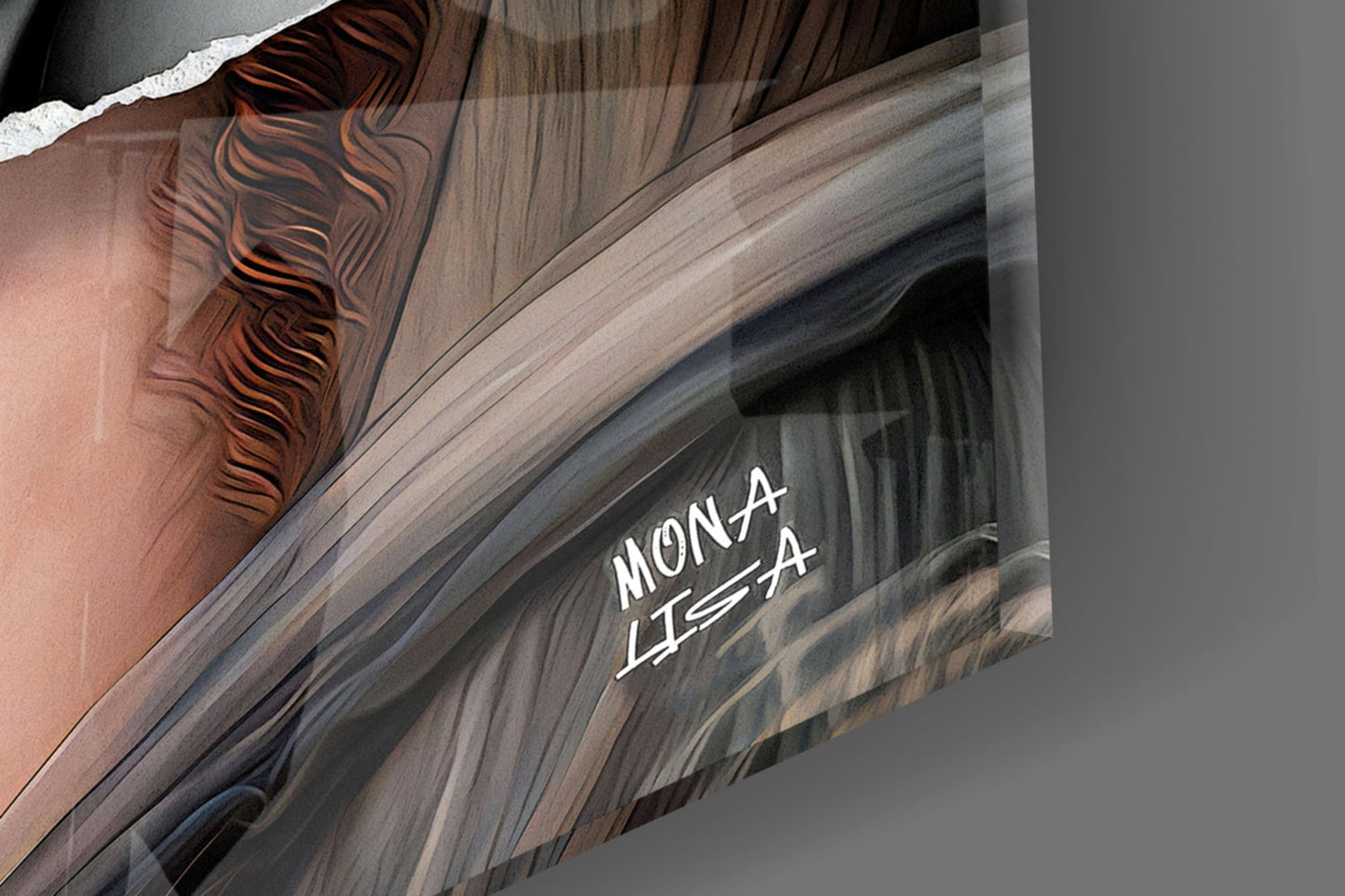 Close-up angled view of glass wall art displaying "MONA LISA" text with swirling brown, tan, and grey tones.