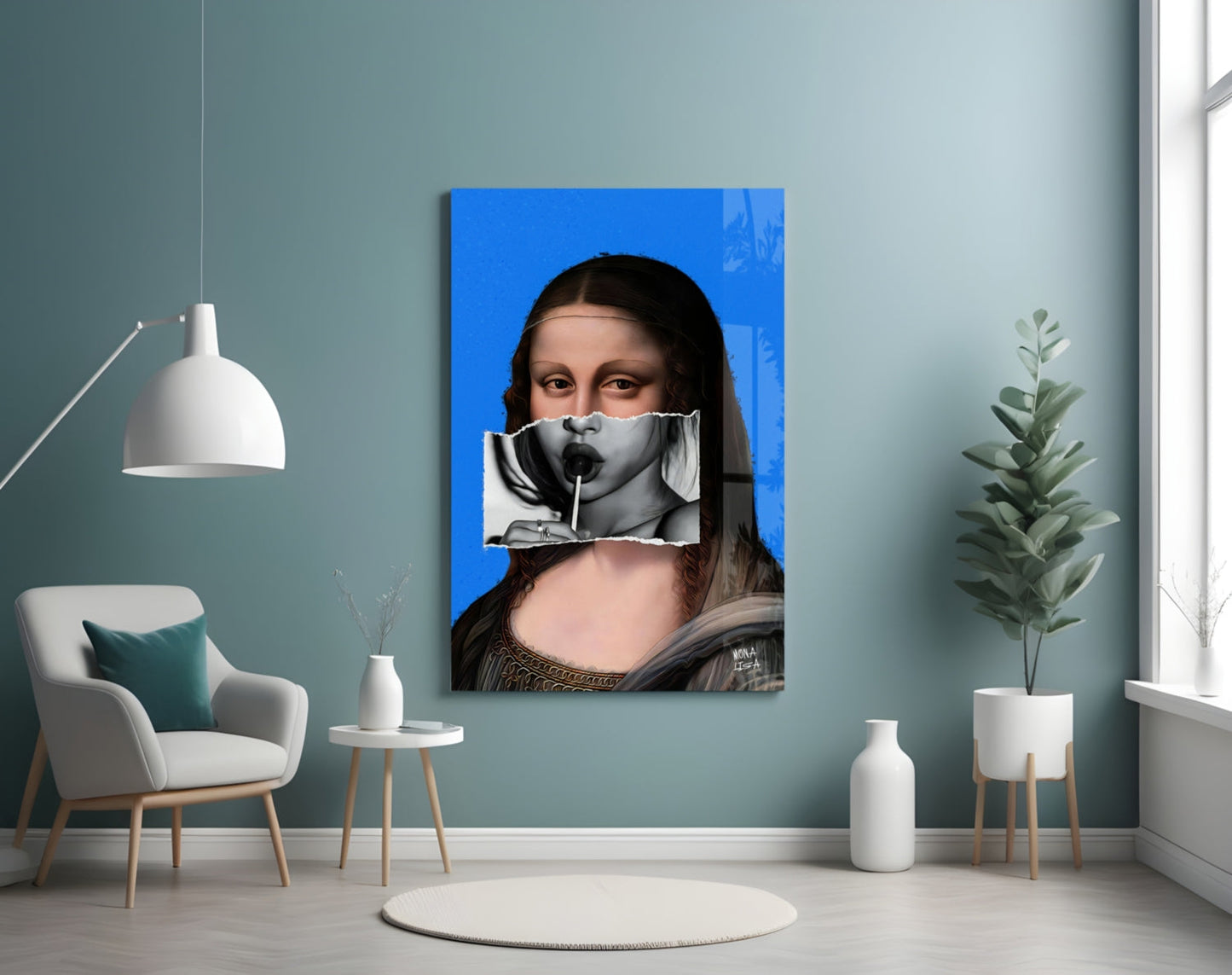 Contemporary glass wall art featuring Mona Lisa with blue background and surreal mouth overlay, displayed in minimalist interior setting.