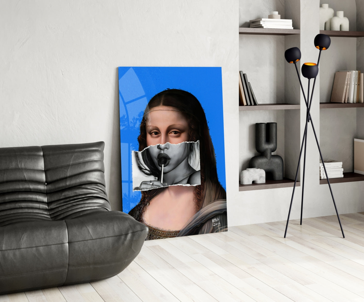 Contemporary Mona Lisa glass wall art displayed in modern living room with gray sofa, featuring blue background and classical portrait with surreal overlay elements.