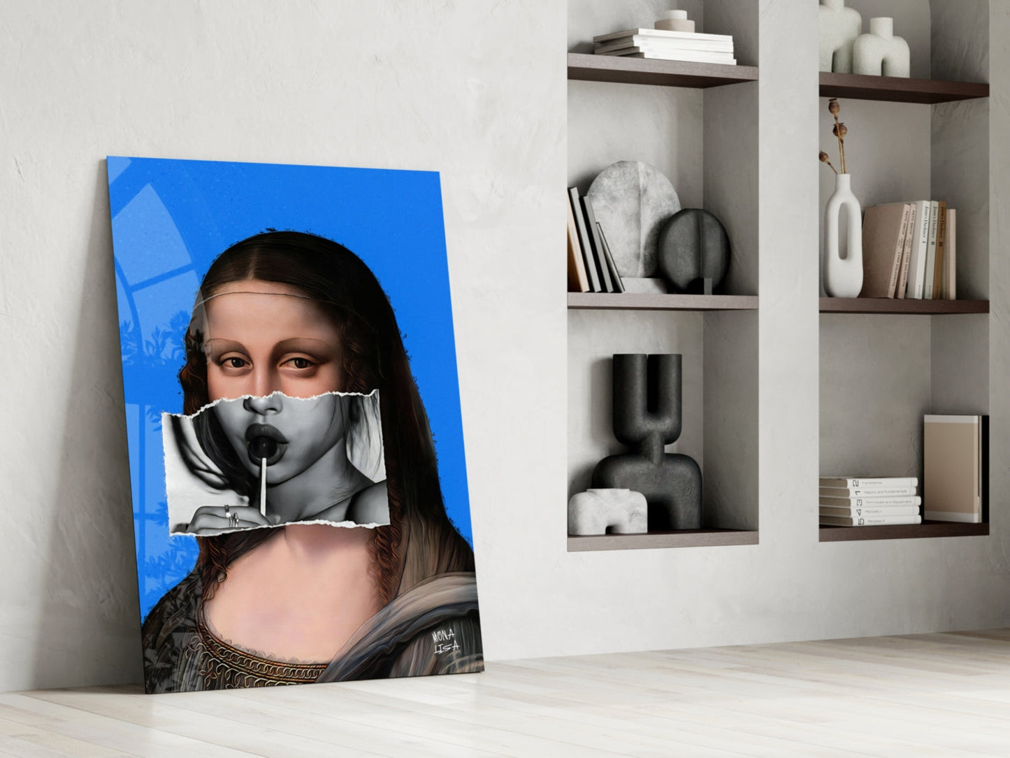 Contemporary glass art leaning against white wall displays Mona Lisa with blue background and surreal mouth cutout detail.