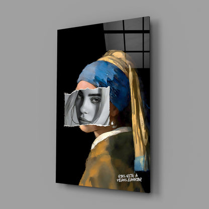 Modern glass wall art displaying a portrait with blue headwrap and pearl earring, featuring monochrome face cutout, mounted on gray wall.