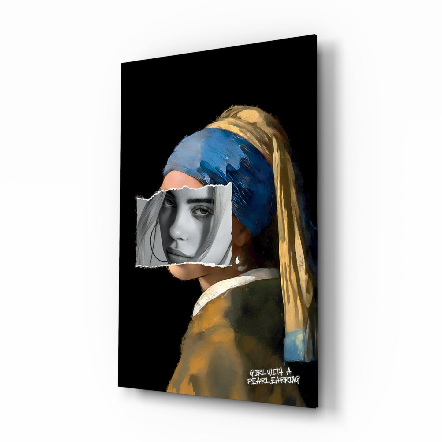Contemporary glass wall art showing a portrait with blue headwrap and gold earring against black background, displayed at three-quarter angle.