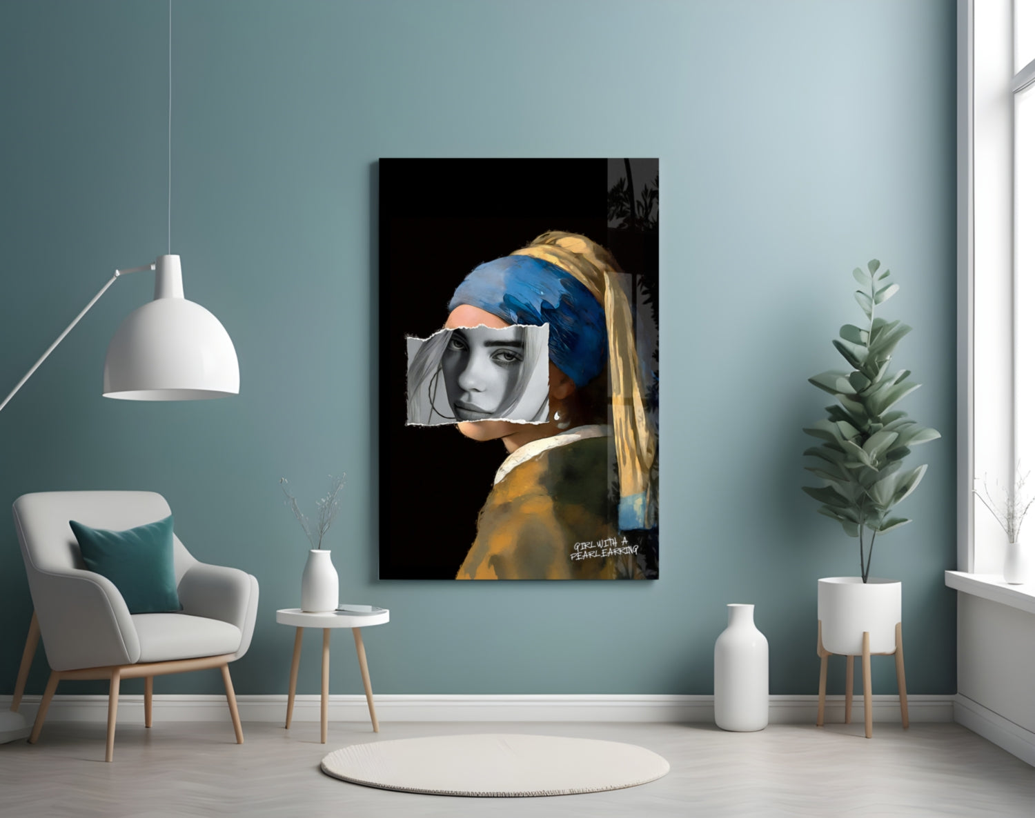 Modern interior room featuring turquoise walls with contemporary glass wall art displaying Girl with Pearl Earring portrait with blue headwrap and sketched face overlay.
