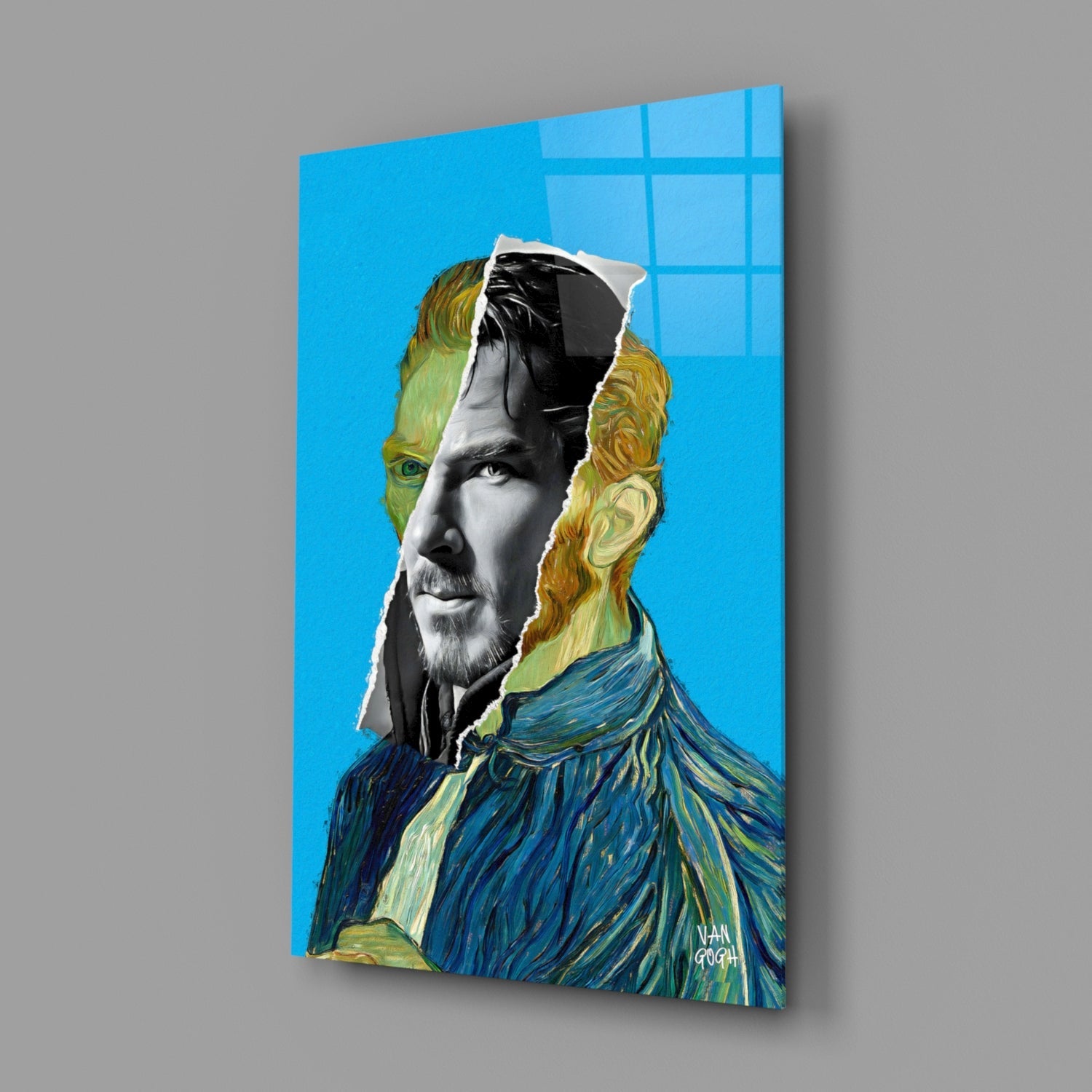 Glass wall art depicting a split portrait of a modern man and Van Gogh's self-portrait in blue and gold tones with signature.