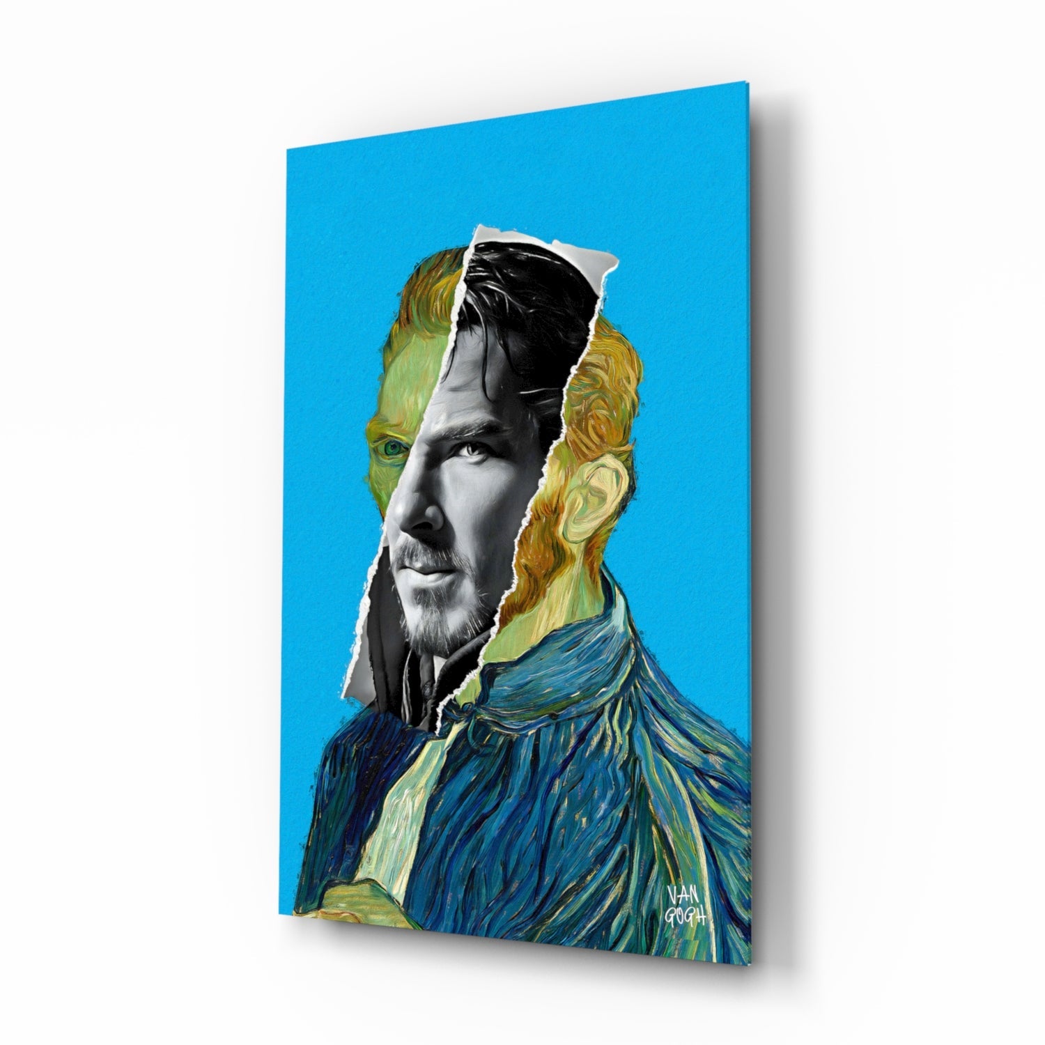 Glass wall art panel displaying a modern portrait composite merging a black and white face with Van Gogh's painted style in gold and blue tones against bright blue background.