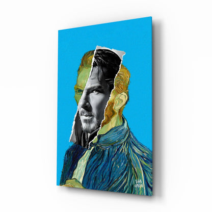Glass wall art panel displaying a modern portrait composite merging a black and white face with Van Gogh's painted style in gold and blue tones against bright blue background.