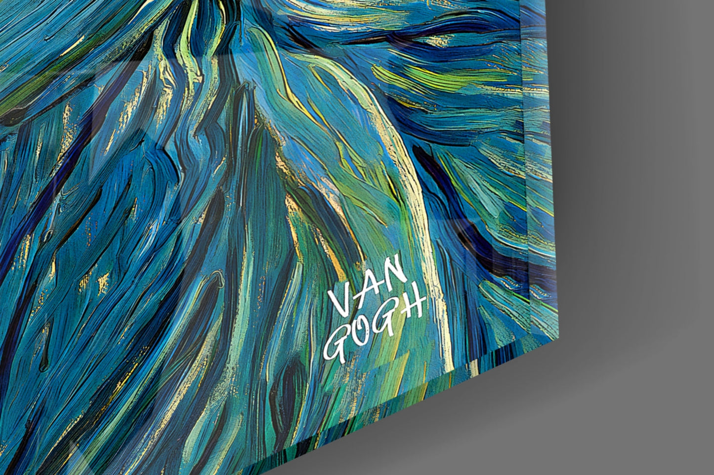 Close-up angled view of glass wall art featuring blue, green, and gold brushstrokes with "Van Gogh" text visible.