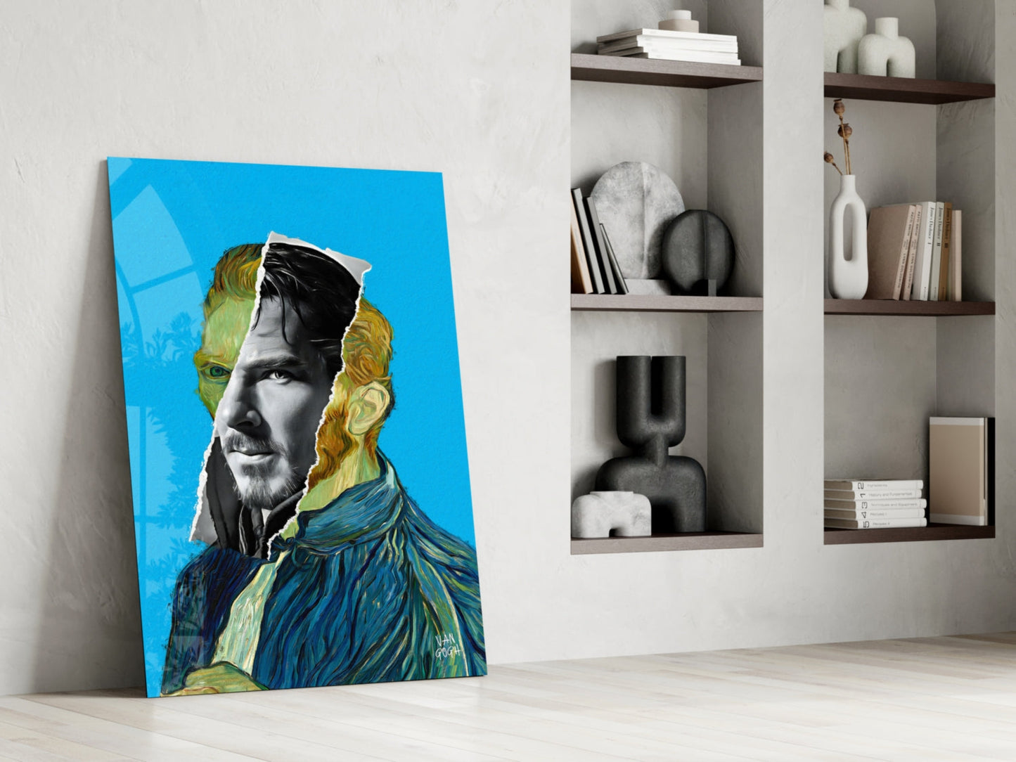 Modern portrait canvas leaning against white wall beside shelving unit, featuring blue background with yellow and dark brushstroke details.