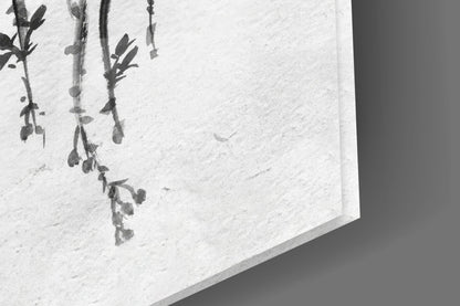 Black and White Bird on Blossom Branch Glass Wall Art