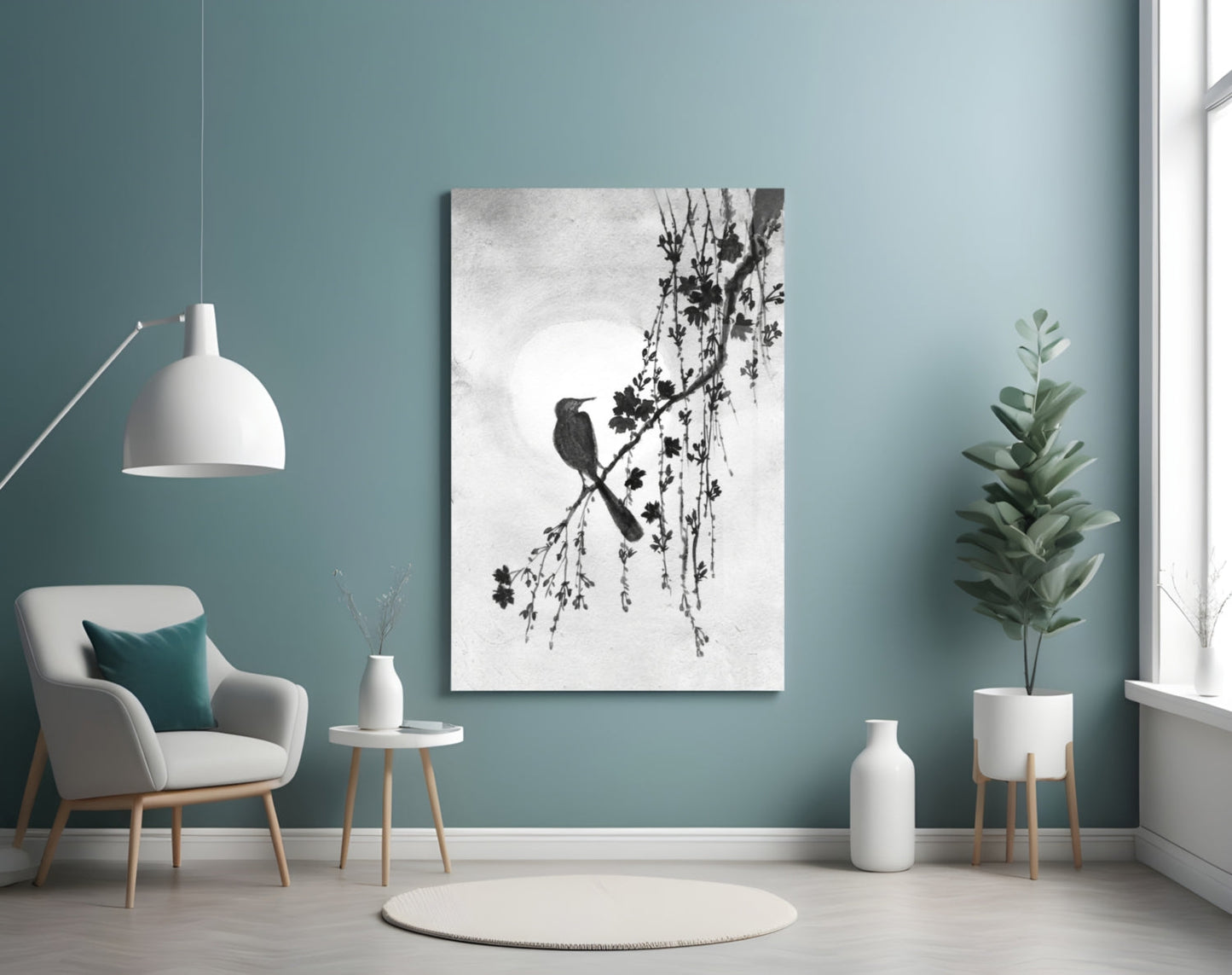 Black and White Bird on Blossom Branch Glass Wall Art