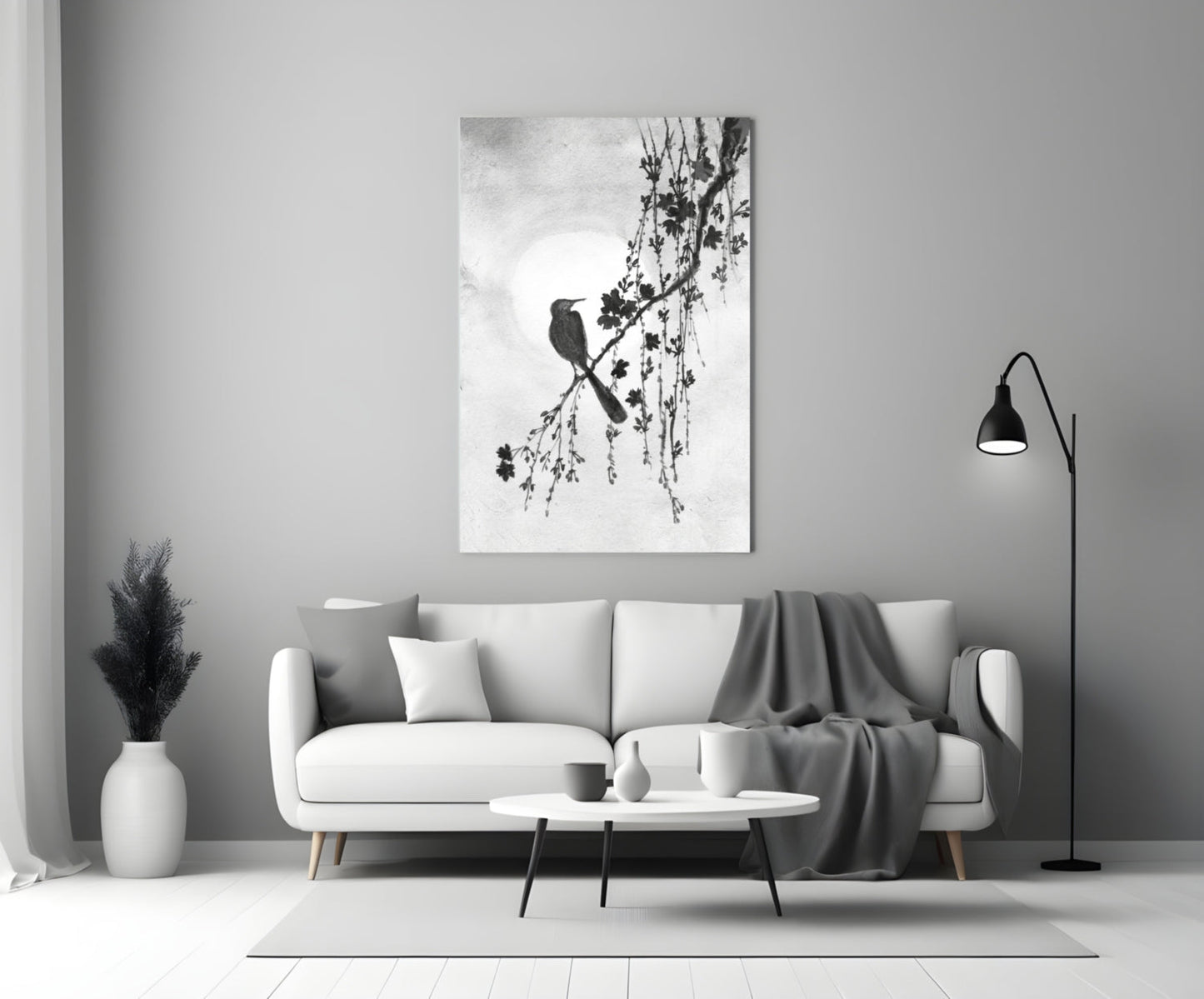 Black and White Bird on Blossom Branch Glass Wall Art