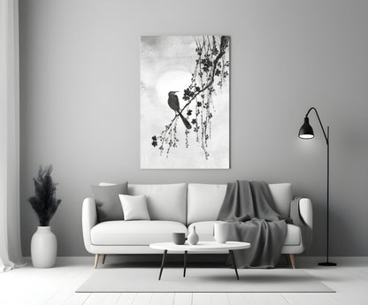 Black and White Bird on Blossom Branch Glass Wall Art