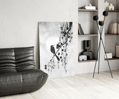 Black and White Bird on Blossom Branch Glass Wall Art