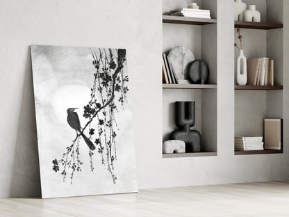 Black and White Bird on Blossom Branch Glass Wall Art