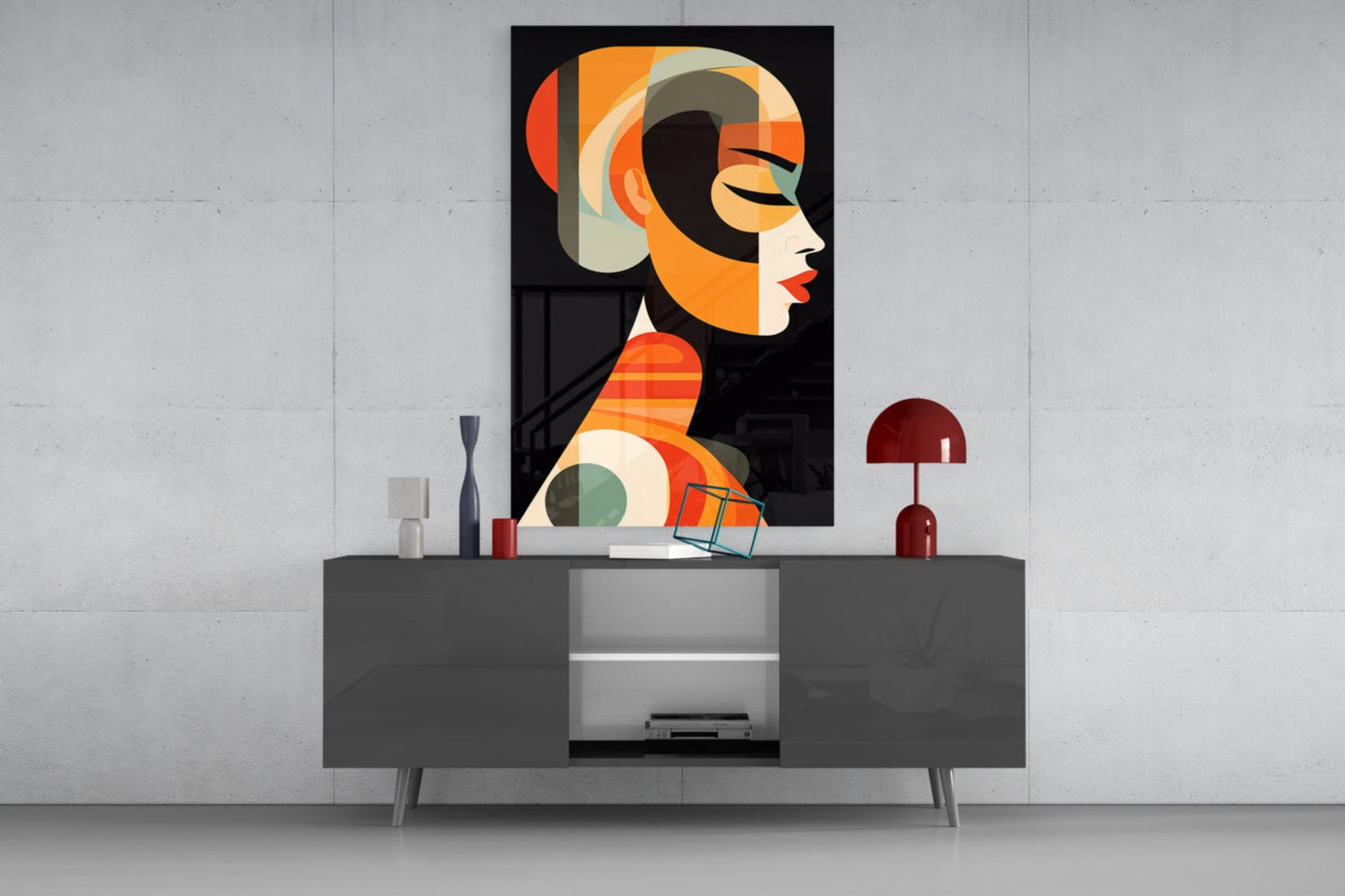 Modern interior display featuring colorful Art Deco-style glass wall art with geometric female profile in orange and cream tones mounted above gray sideboard.