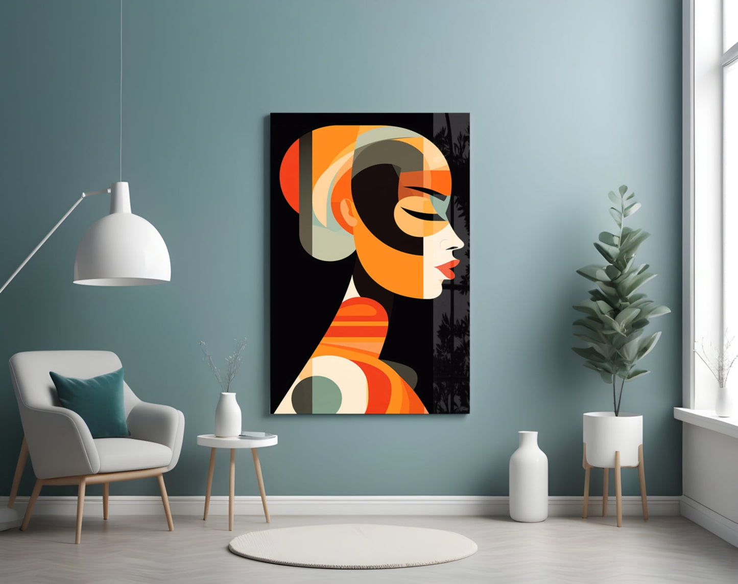 Abstract profile portrait in orange, cream, and black geometric shapes displayed on teal wall above modern chair and potted plant.
