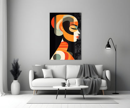 Art deco style glass wall panel featuring geometric profile portrait in orange, black, cream and teal tones displayed above white sofa.