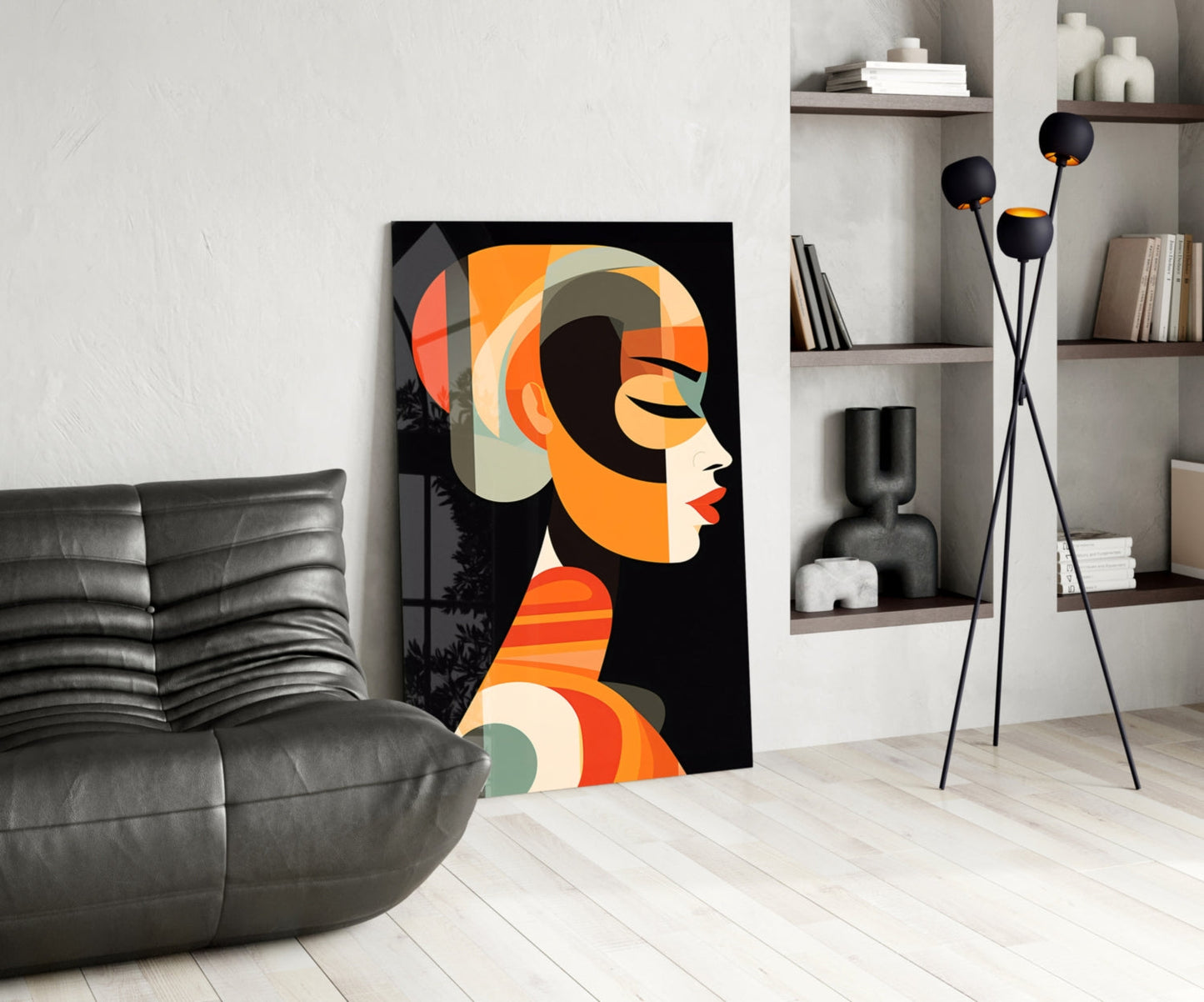 Modern living room displaying geometric art glass panel featuring stylized female profile in orange, cream, and black tones.