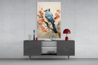 Blue Bird on Coral Blossom Branch Glass Wall Art
