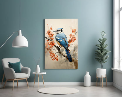 Blue Bird on Coral Blossom Branch Glass Wall Art
