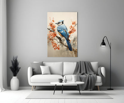 Blue Bird on Coral Blossom Branch Glass Wall Art
