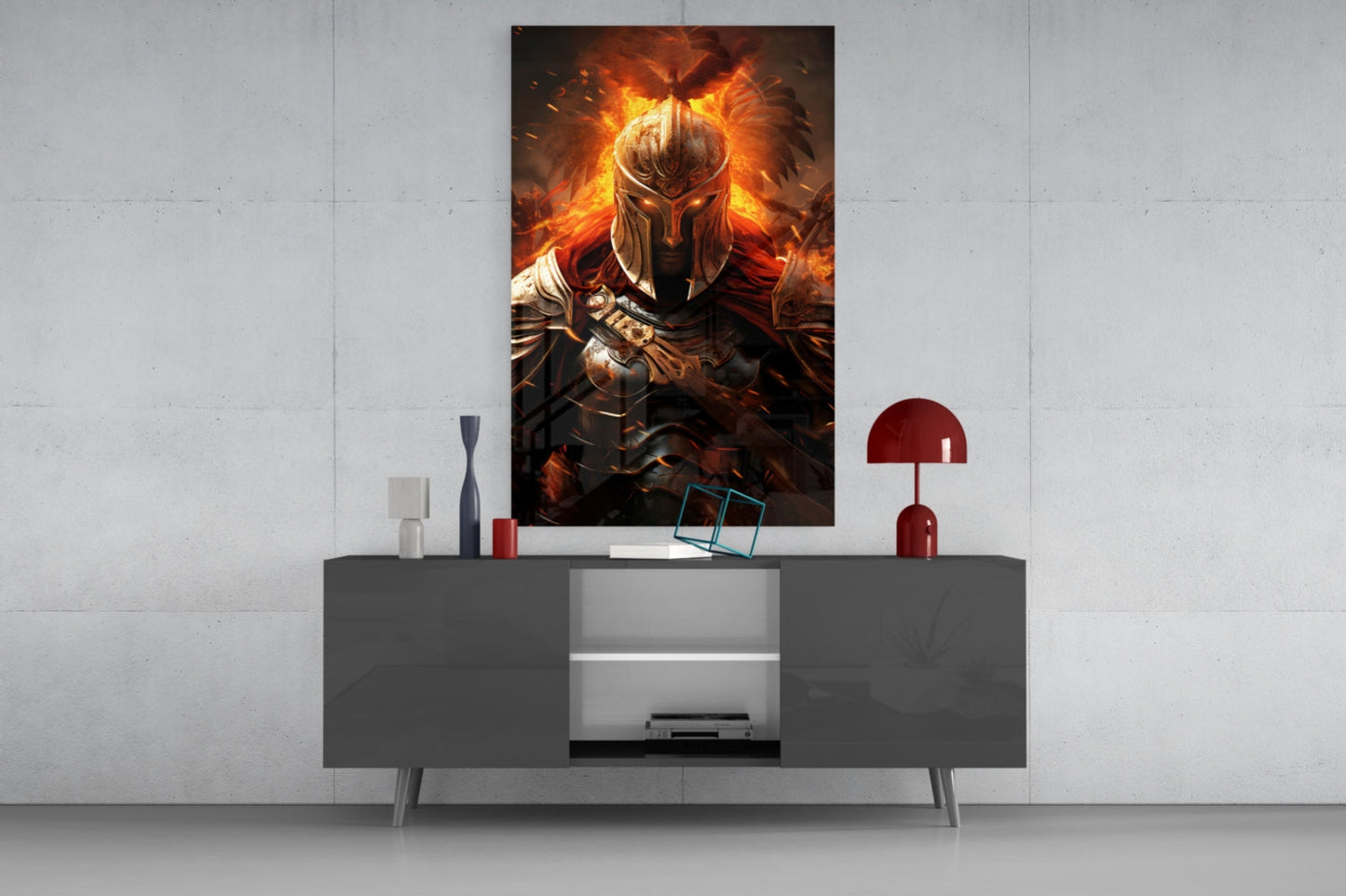 Fiery armored warrior glass wall art hanging above gray media console with red lamp and decorative accessories.
