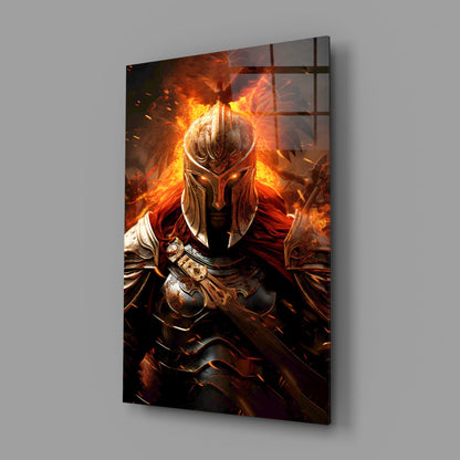 Angled view of glass wall art depicting a fiery armored warrior with glowing orange flames and ornate gold armor against dark background.