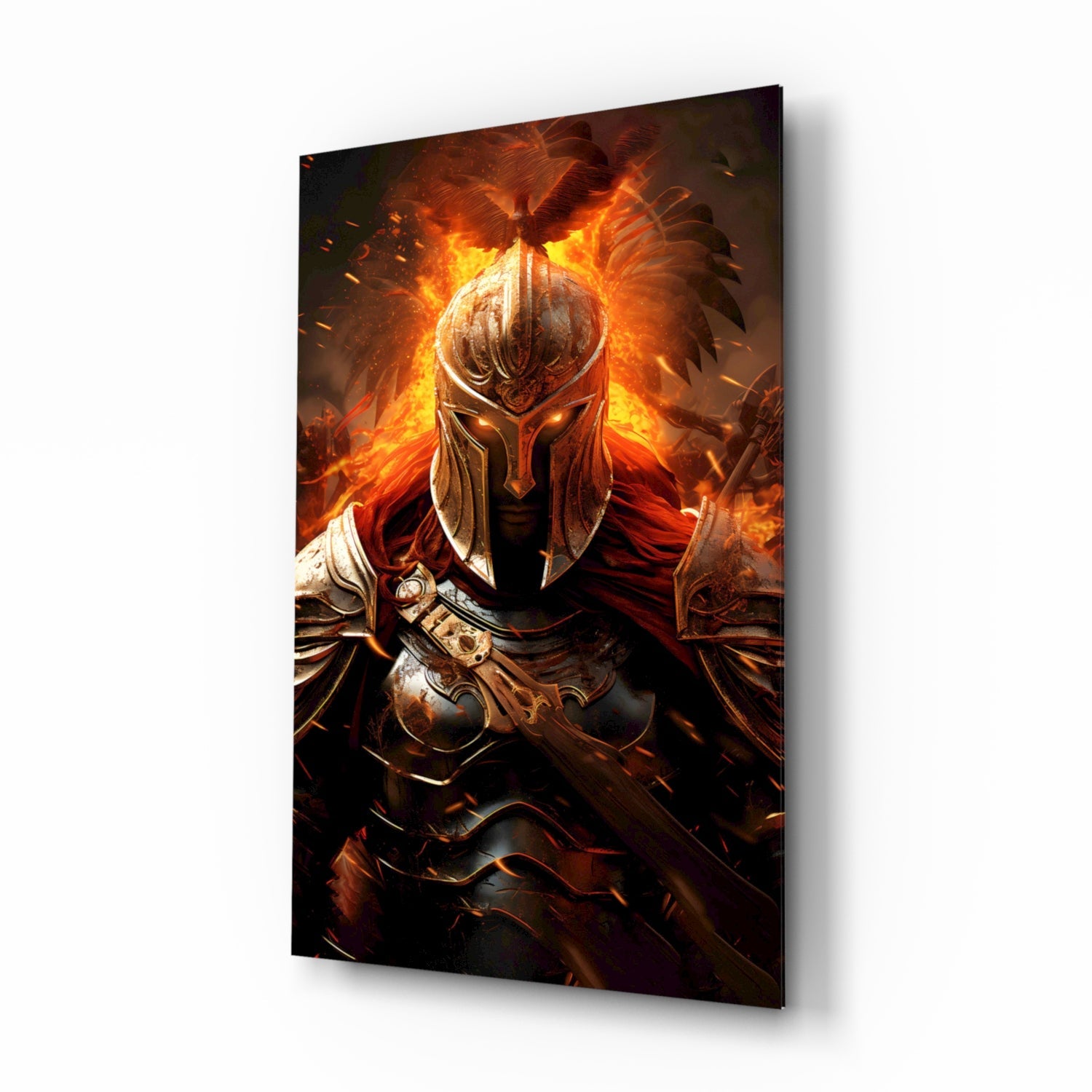 Angled view of glass wall art depicting a fiery armored warrior with glowing orange flames and dark metallic armor against black background.