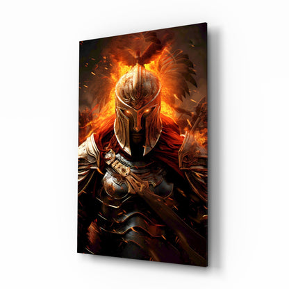 Angled view of glass wall art depicting a fiery armored warrior with glowing orange flames and dark metallic armor against black background.