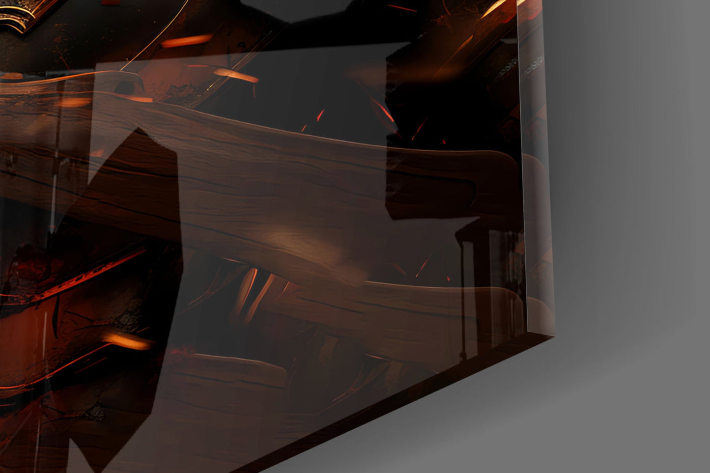 Close-up angled view of translucent amber glass wall art with orange and red tones against neutral background.