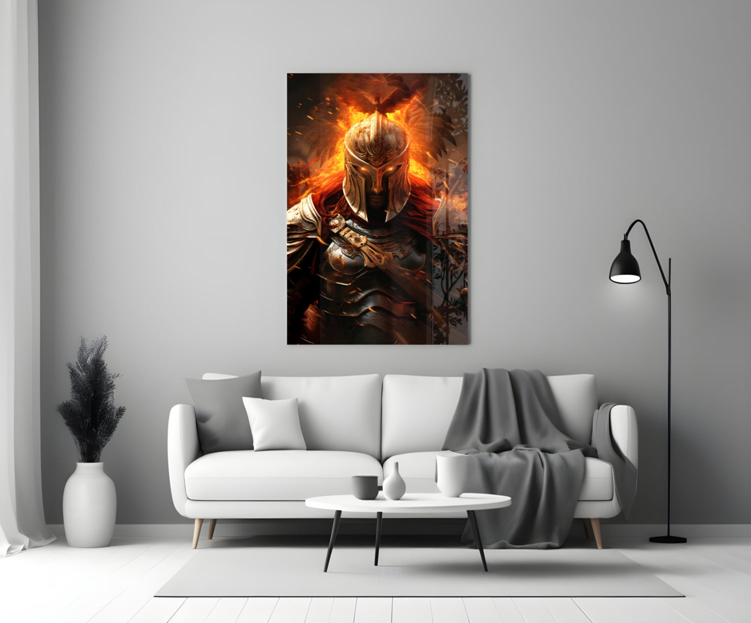 Warrior Glass Wall Art mounted above a white sofa in a modern living room, displaying a golden-armored warrior surrounded by orange flames.