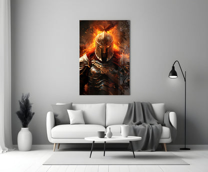 Warrior Glass Wall Art mounted above a white sofa in a modern living room, displaying a golden-armored warrior surrounded by orange flames.